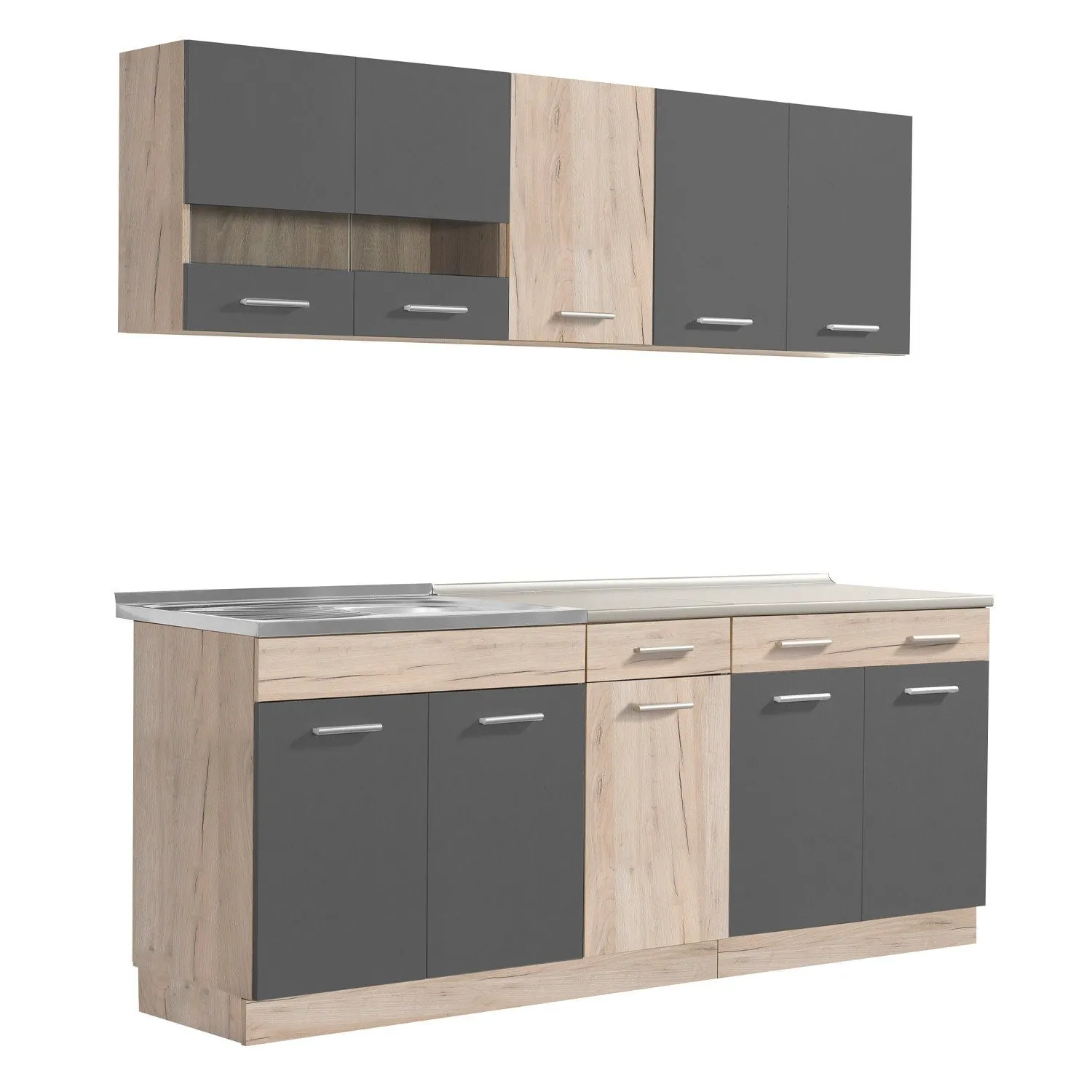 Küchenzeile 200 cm – Grau und Grau-Eiche-Dekor – Image 3