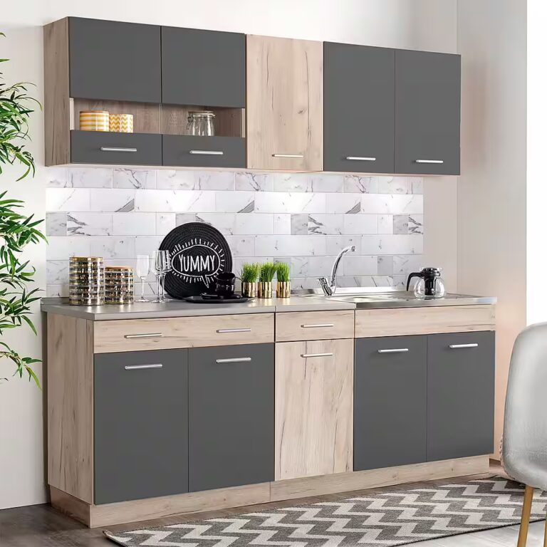 Homestyle4u Küchenzeile 200 cm ohne Geräte Grau matt Eiche Singleküche Küchenschränke Glas, (Oberschränke, Unterschränke, 2 Arbeitsplatten, Einbauküche), Küchenblock, Grau und Braun, Einbauküche