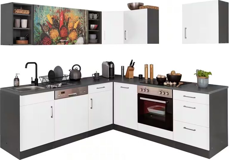 KOCHSTATION Küchenzeile KS-Paris – Küchen mit einzigartigen Fotomotiven auf den Fronten, Stellbreite 220/220 cm, wahlweise mit E-Geräten, mit Motivdruck