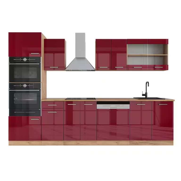 Vicco Küchenzeile R-Line, Anthrazit Hochglanz/Goldkraft Eiche, 300 cm mit Hochschrank...