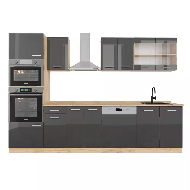Vicco Küchenzeile R-Line, Anthrazit Hochglanz/Goldkraft Eiche, 300 cm mit Hochschrank...
