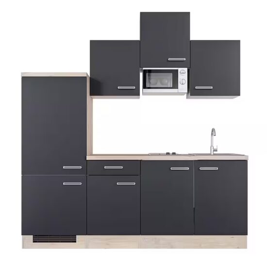 Flex-Well Küchenzeile Singleküche mit E-Geräten - 210 cm breit - Anthrazit San Remo Eiche – – Image 2