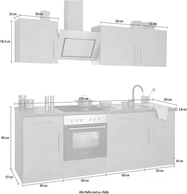 Küchenzeile Cali - Küche mit E-Geräten - Komplett Set, Breite 220cm