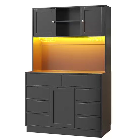 Flieks Küchenbuffet mit LED-Beleuchtung, Gläserhalter, 8 Schubladen und 3 Türen (1-St., B120/T40/H183,5 cm) Hochschrank Küchenschrank Geschirrschrank mit verstellbaren Ablagen – Image 3