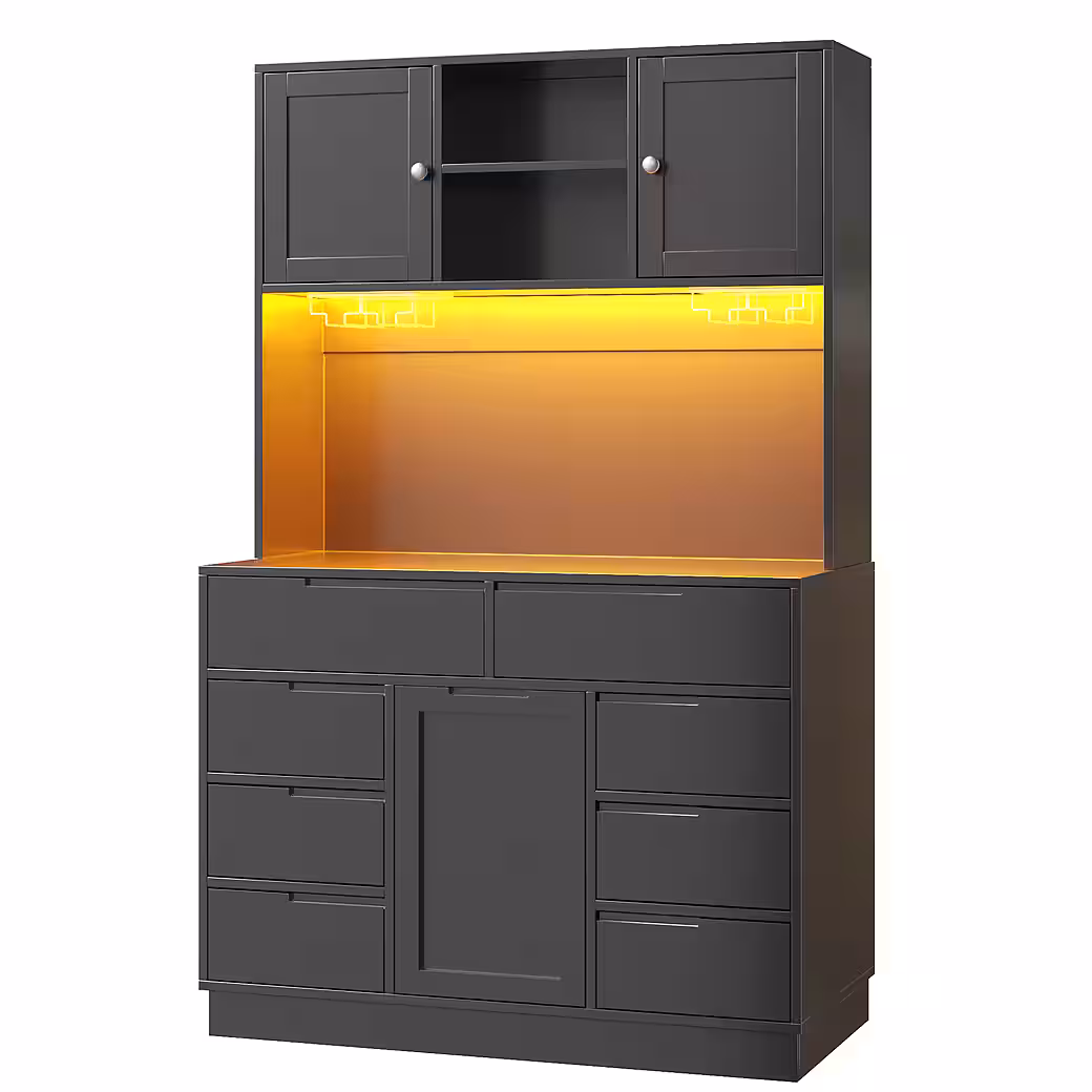 Flieks Küchenbuffet mit LED-Beleuchtung, Gläserhalter, 8 Schubladen und 3 Türen (1-St., B120/T40/H183,5 cm) Hochschrank Küchenschrank Geschirrschrank mit verstellbaren Ablagen – Image 3