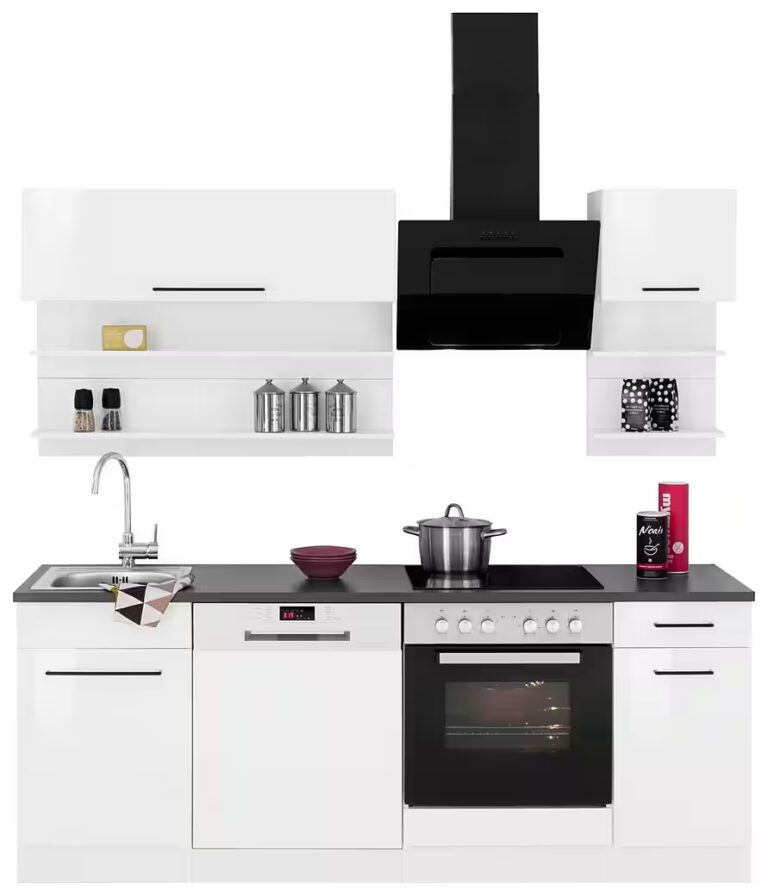 KOCHSTATION Küchenzeile KS-Tulsa, mit E-Geräten, Breite 210 cm, schwarze Metallgriffe, MDF Fronten