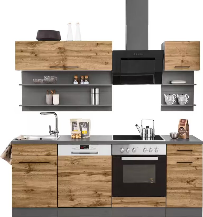 KOCHSTATION Küchenzeile KS-Tulsa, mit E-Geräten, Breite 210 cm, schwarze Metallgriffe, MDF Fronten