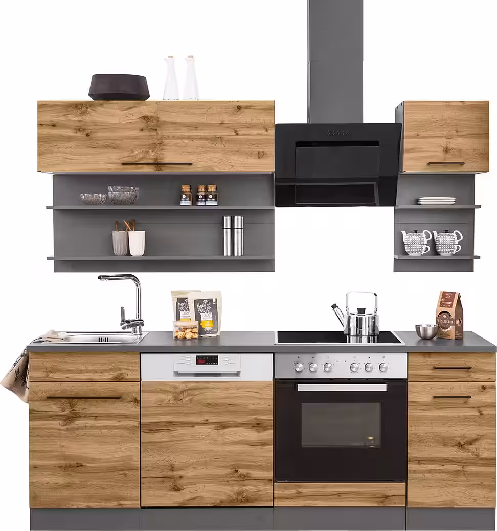 KOCHSTATION Küchenzeile KS-Tulsa, mit E-Geräten, Breite 210 cm, schwarze Metallgriffe, MDF Fronten – Image 10
