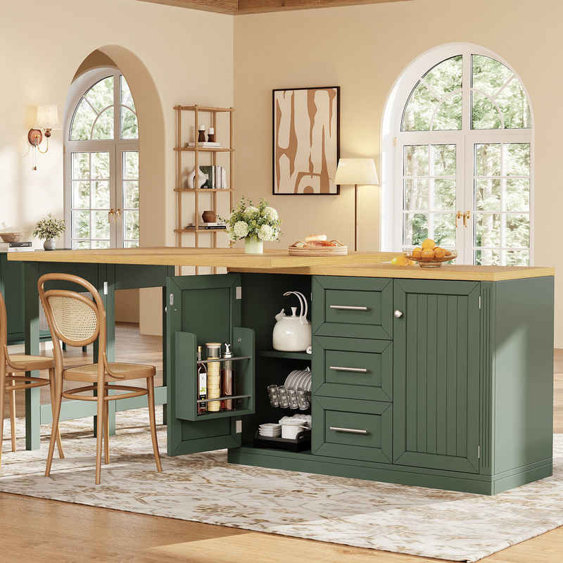 Celya Kücheninsel mit ausziehbarer Esstischplatte,wandelbare Theke, (Snackregal, Magnetverschluss und große Schubladen, modernes Design), Ideal für für Küche, Essbereich oder offene Wohnräume – Image 1