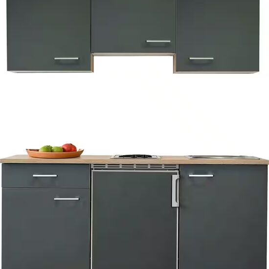Flex-Well Küchenzeile Singleküche mit E-Geräten - 150 cm - basaltgrau matt San Remo Eiche – Image 2