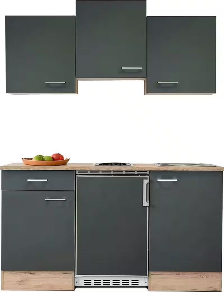 Flex-Well Küchenzeile Singleküche mit E-Geräten - 150 cm - basaltgrau matt San Remo Eiche
