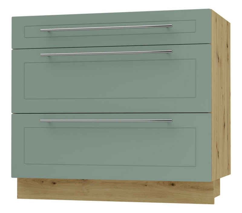 Feldmann-Wohnen Auszugsunterschrank Kvantum (Schubladen mit Teilauszug, Selbsteinzug und Soft-Close-Funktion, 1-St., Fronten mit dekorativen Fräsungen und leicht abgerundeten Ecken) 90x50x82cm eiche artisan - mint (Q-D3M/90) – Image 1