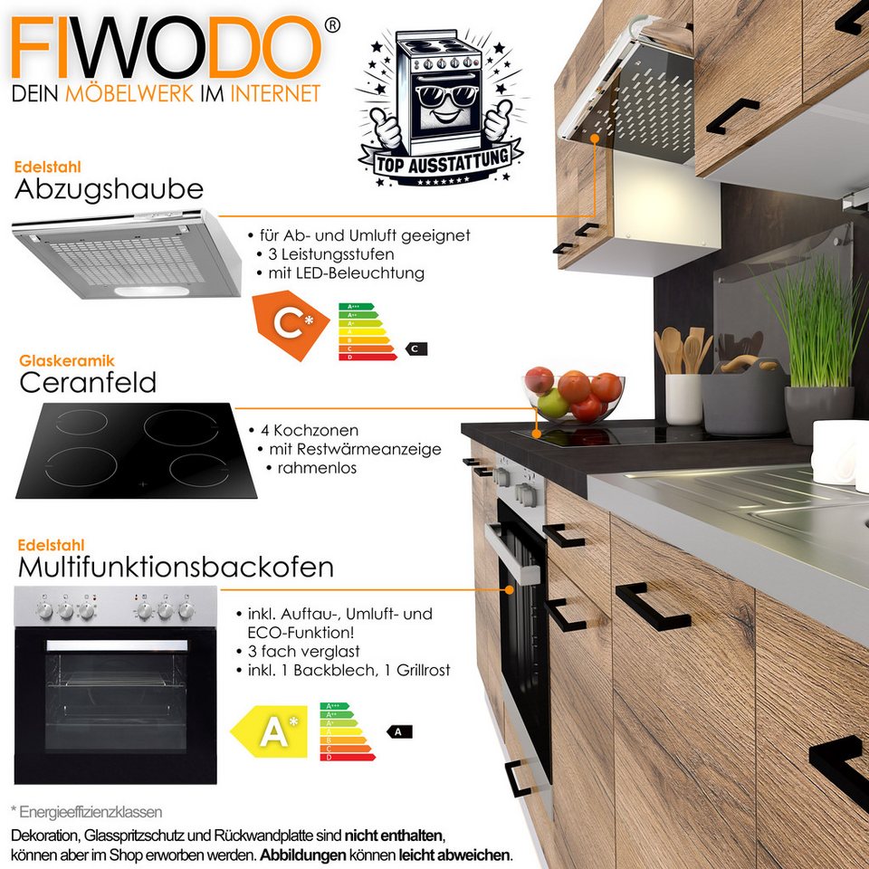 FIWODO.de - Dein Möbelwerk im Internet Küche Küchenzeile 240cm mit Elektrogeräten komplett Spülbecken Arbeitsplatte, (Set), mit E-Geräten, Breite 240cm, mit Spülbecken, mit Arbeitsplatte – Image 4
