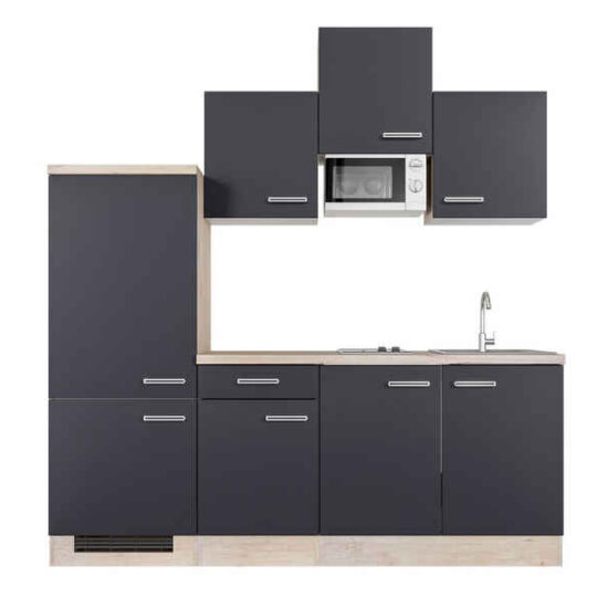 Flex-Well Küchenzeile Singleküche mit E-Geräten - 210 cm breit - Anthrazit San Remo Eiche – – Image 1