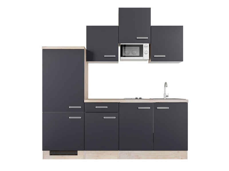 Flex-Well Küchenzeile Singleküche mit E-Geräten - 210 cm breit - Anthrazit San Remo Eiche – – Image 1