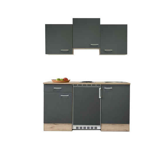 Flex-Well Küchenzeile Singleküche mit E-Geräten - 150 cm - basaltgrau matt San Remo Eiche – Image 1