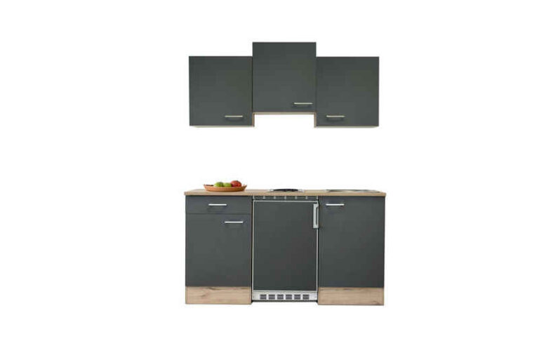 Flex-Well Küchenzeile Singleküche mit E-Geräten - 150 cm - basaltgrau matt San Remo Eiche