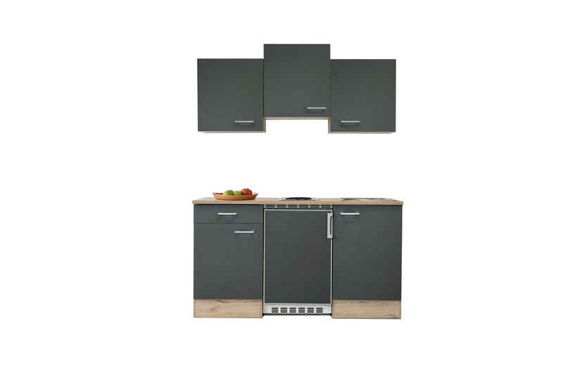 Flex-Well Küchenzeile Singleküche mit E-Geräten - 150 cm - basaltgrau matt San Remo Eiche – Image 1