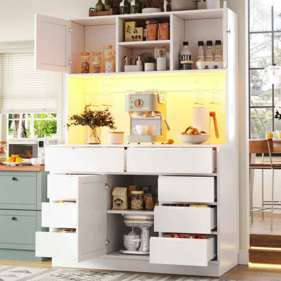 Flieks Küchenbuffet mit LED-Beleuchtung, Gläserhalter, 8 Schubladen und 3 Türen (1-St., B120/T40/H183,5 cm) Hochschrank Küchenschrank Geschirrschrank mit verstellbaren Ablagen – Image 1