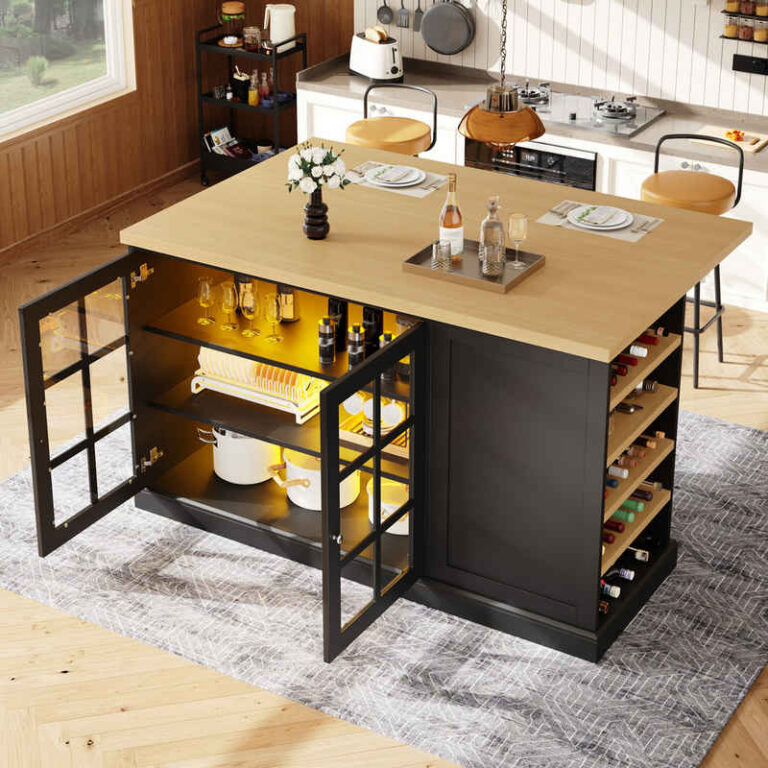 Flieks Kücheninsel mit klapparen Arbeitsplatte in Holzoptik und LED-Beleuchtung, (B120/H90/Tiefe 40-70cm), Multifunktionaler Küchenschrank mit Glastüren und seitlichen Weinregal