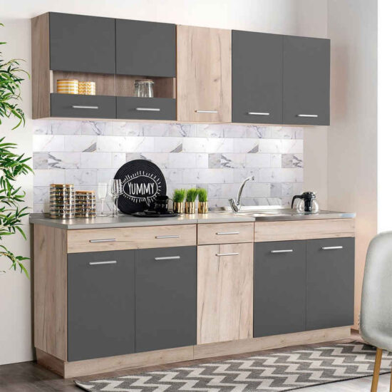 Homestyle4u Küchenzeile 200 cm ohne Geräte Grau matt Eiche Singleküche Küchenschränke Glas, (Oberschränke, Unterschränke, 2 Arbeitsplatten, Einbauküche), Küchenblock, Grau und Braun, Einbauküche – Image 1