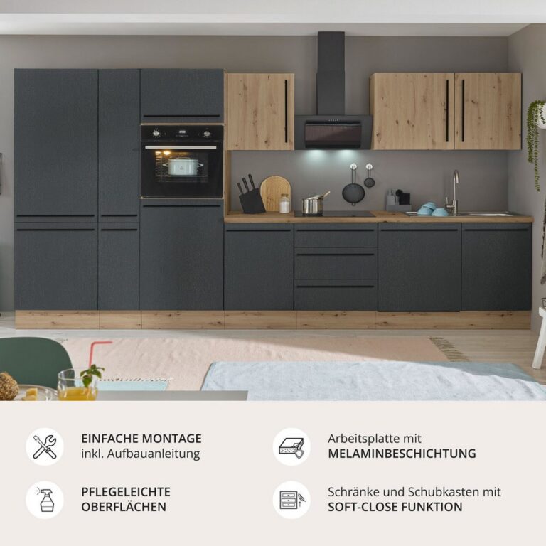 KOCHSTATION Küchenzeile Florida, Breite 370 cm, wahlweise mit E-Geräten,Softclose für Türen/Schubkästen