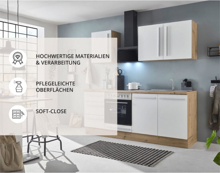 KOCHSTATION Küchenzeile KS-Florida mit 38mm starker Arbeitsplatte, Breite 210 cm, wahlweise mit E-Geräten, Soft-Close-Funktion