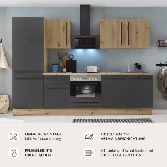 KOCHSTATION Küchenzeile KS-Florida mit 38mm starker Arbeitsplatte, Breite 270 cm, wahlweise mit E-Geräten, Soft-Close-Funktion – Image 3