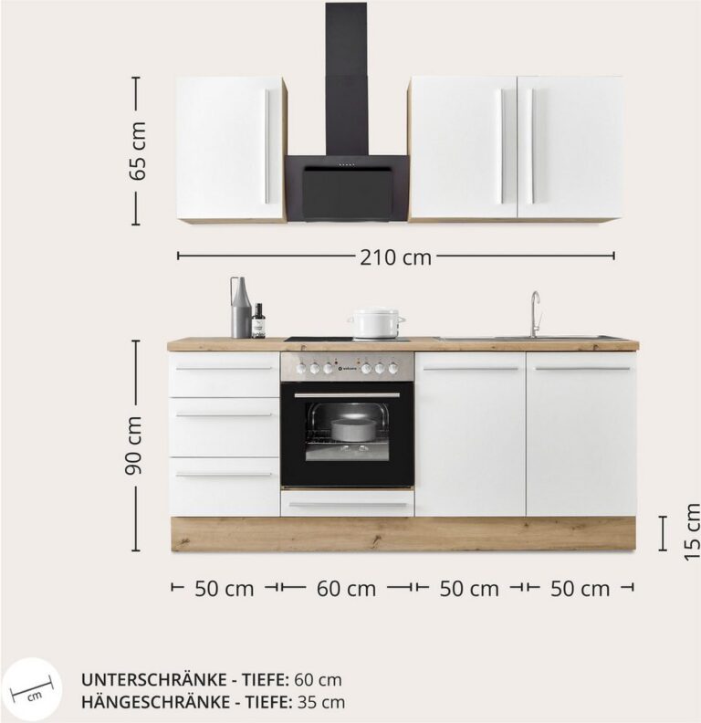 KOCHSTATION Küchenzeile KS-Florida mit 38mm starker Arbeitsplatte, Breite 210 cm, wahlweise mit E-Geräten, Soft-Close-Funktion