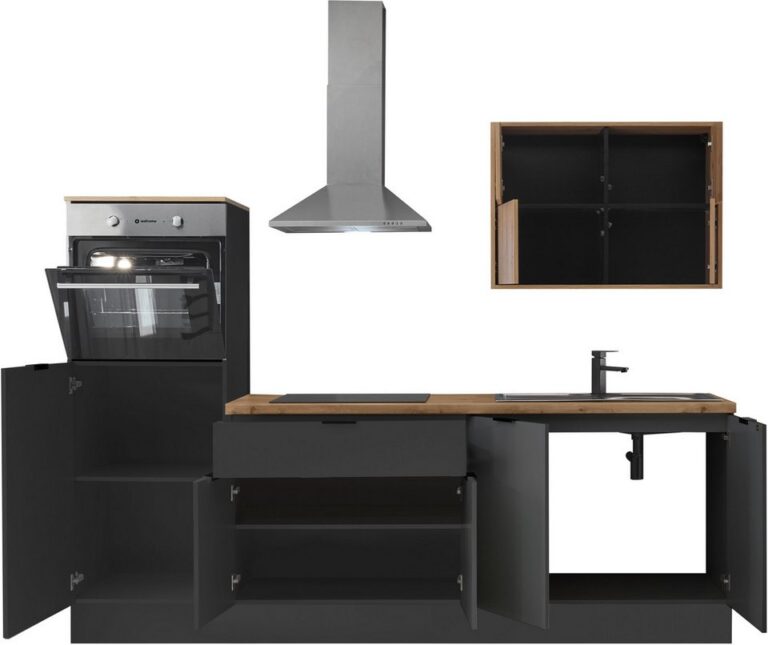 KOCHSTATION Küchenzeile KS-Georgia, mit 38mm starker Arbeitsplatte, Breite 250 cm, wahlweise mit E-Geräten und Kühlschrank