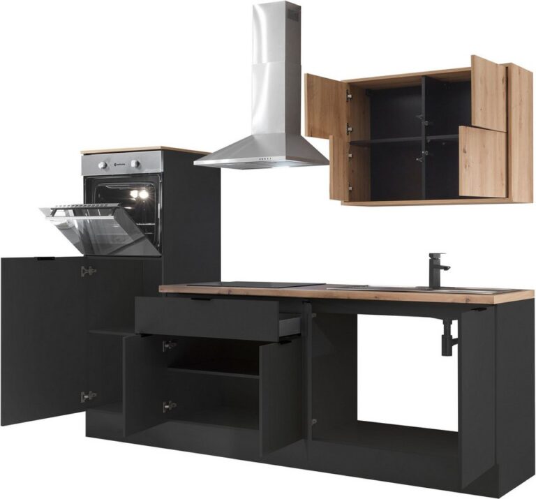 KOCHSTATION Küchenzeile KS-Georgia, mit 38mm starker Arbeitsplatte, Breite 250 cm, wahlweise mit E-Geräten und Kühlschrank