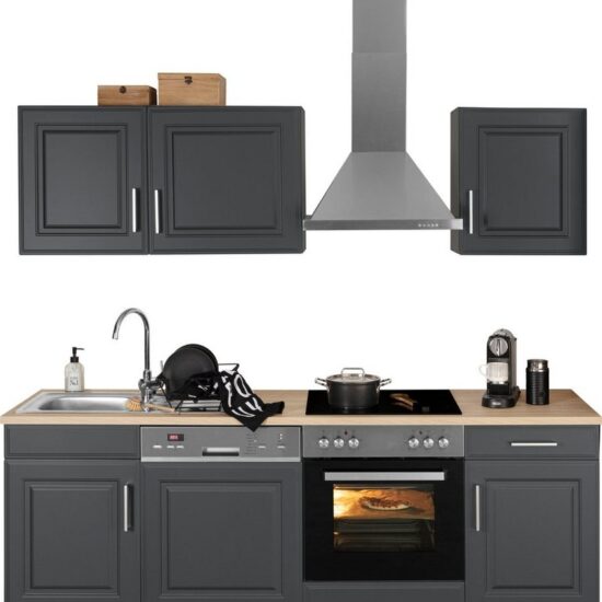 KOCHSTATION Küchenzeile KS-Stockholm – Küche mit hochwertiger und detailreicher Landhausfront, Breite 220 cm, wahlweise mit E-Geräten,mit MDF-Fronten – Image 1