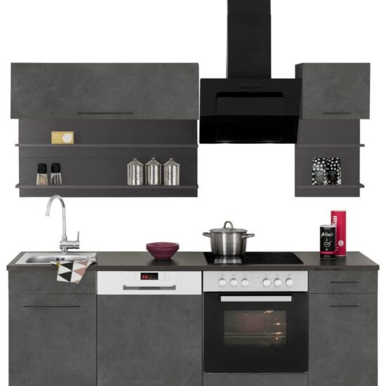 KOCHSTATION Küchenzeile KS-Tulsa, mit E-Geräten, Breite 210 cm, schwarze Metallgriffe, MDF Fronten – Image 1