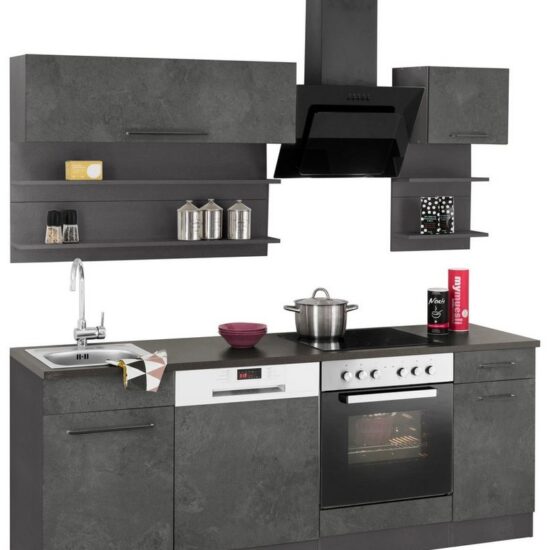 KOCHSTATION Küchenzeile KS-Tulsa, mit E-Geräten, Breite 210 cm, schwarze Metallgriffe, MDF Fronten – Image 3
