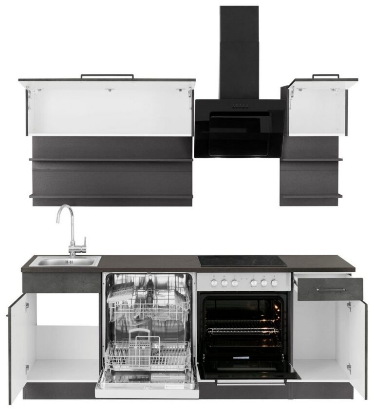 KOCHSTATION Küchenzeile KS-Tulsa, mit E-Geräten, Breite 210 cm, schwarze Metallgriffe, MDF Fronten