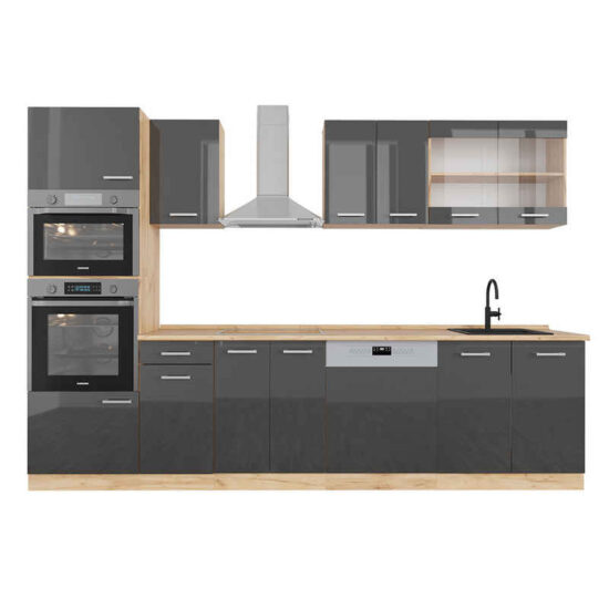 Vicco Küchenzeile R-Line, Anthrazit Hochglanz/Goldkraft Eiche, 300 cm mit Hochschrank... – Image 1