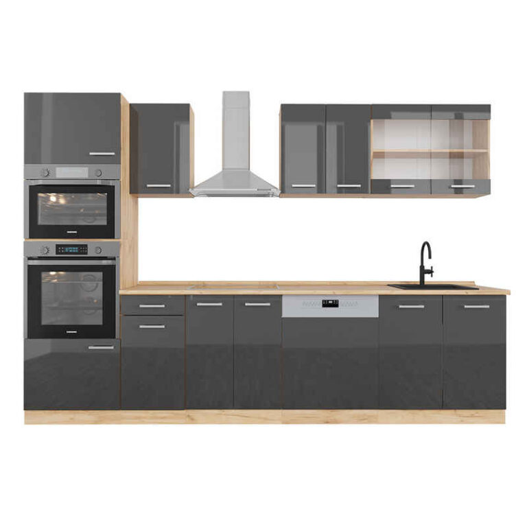 Vicco Küchenzeile R-Line, Anthrazit Hochglanz/Goldkraft Eiche, 300 cm mit Hochschrank...