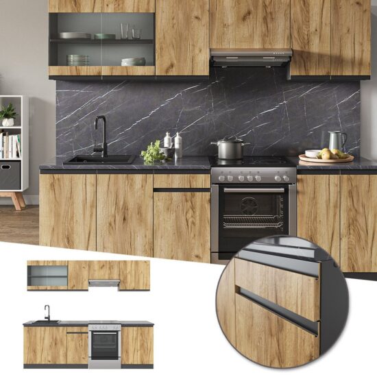 Vicco Küchenzeile Raul, Goldkraft Eiche/Anthrazit/Anthrazit, 240 cm J-Shape – Image 3